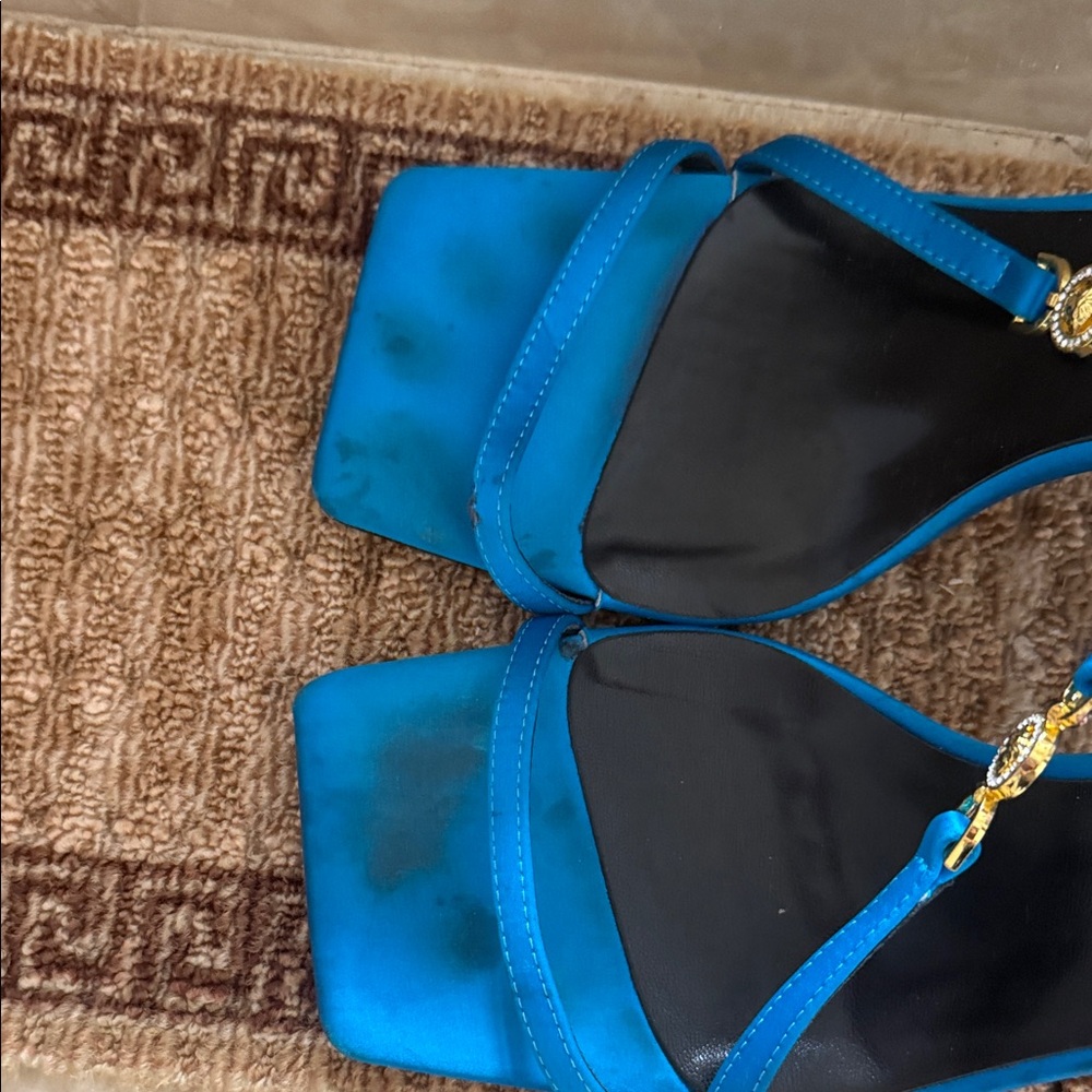 Versace Bright Turquoise Satin Slingback Heels with Gold Medusa - Picture 10 of 16